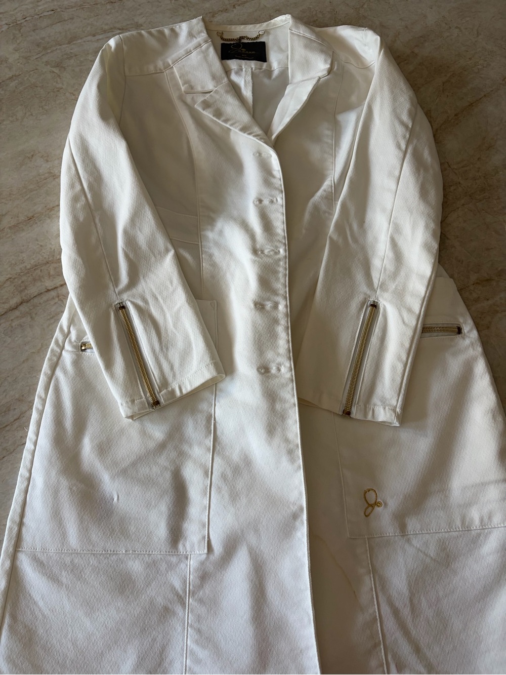 Jaanuu White Long Trench Coat with Gold Zippers